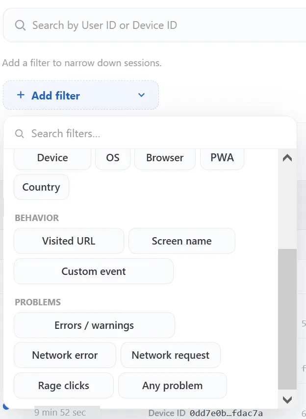 Filter list: device, OS, browser, behaviour and problem filters