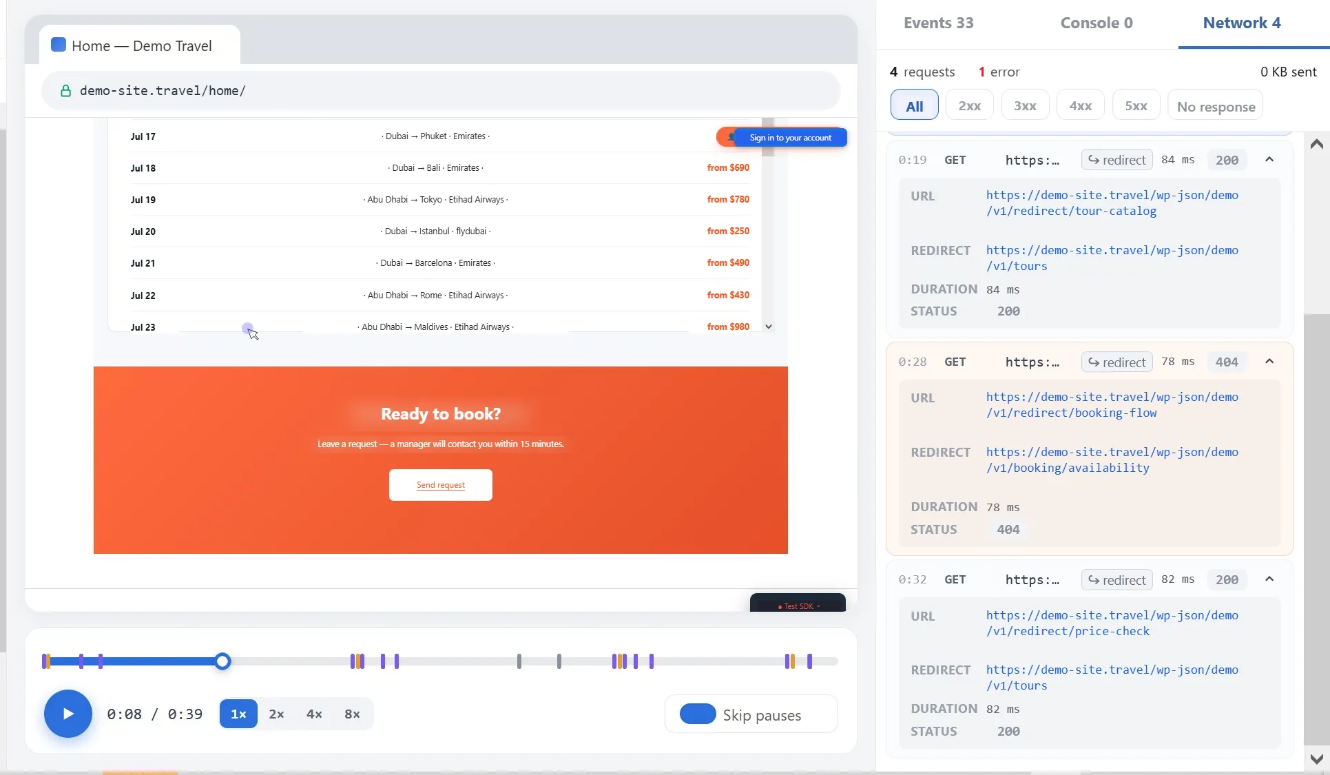 Network tab with requests, redirects and status codes