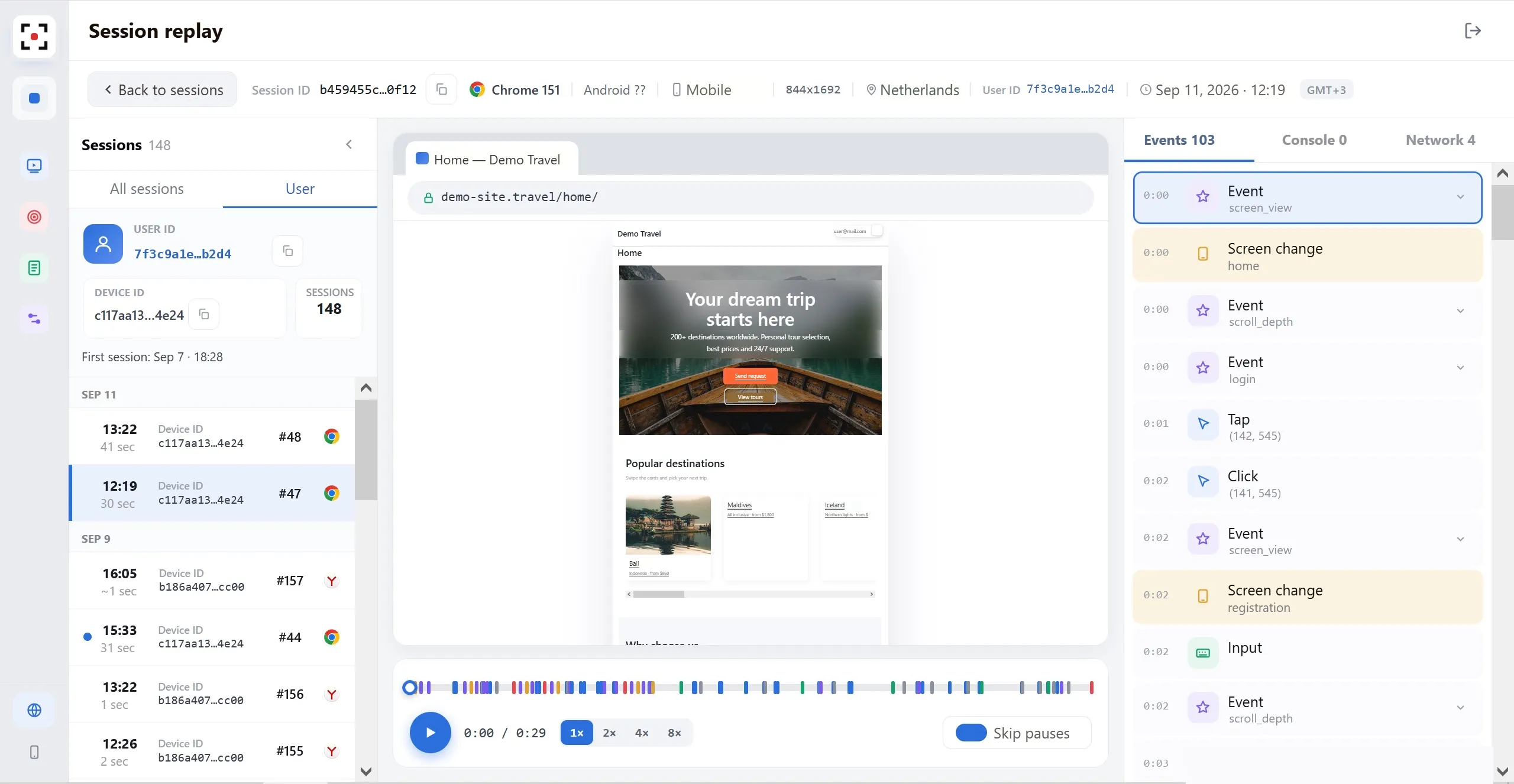 Session replay with the session list, recording and event timeline